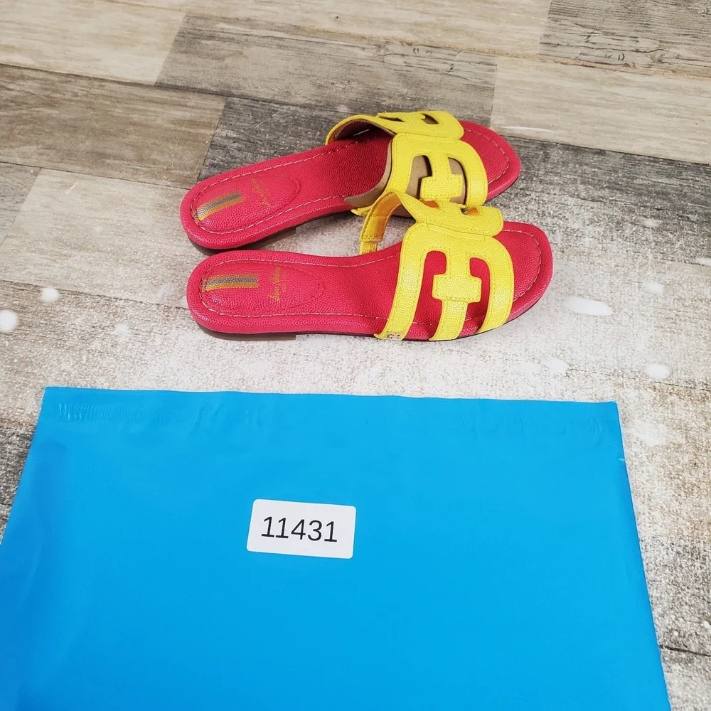 Sam Edelman Bay Kid Slide Sandal Sz 1 M Yellow Red Leather Slip On Open Toe Flat